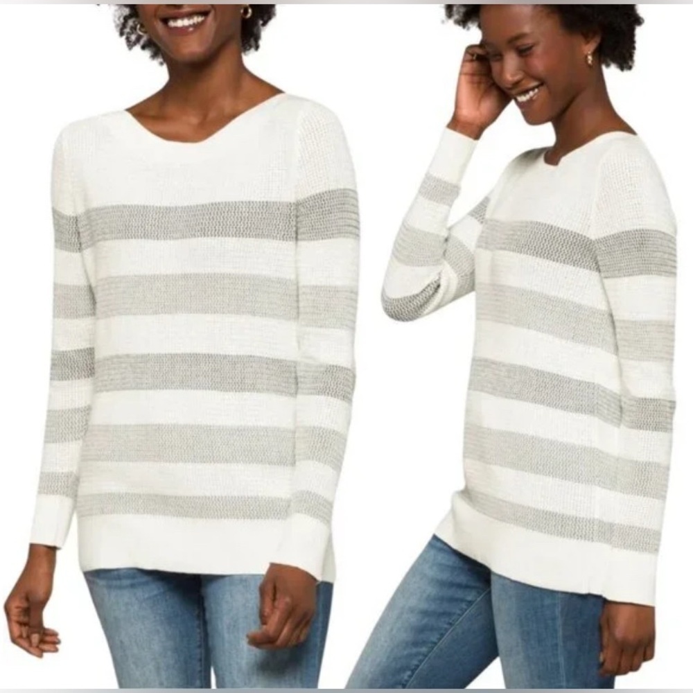 Market & Spruce Tawnee Cotton Blend Waffle Stitch Sweater Size SP White and Gray